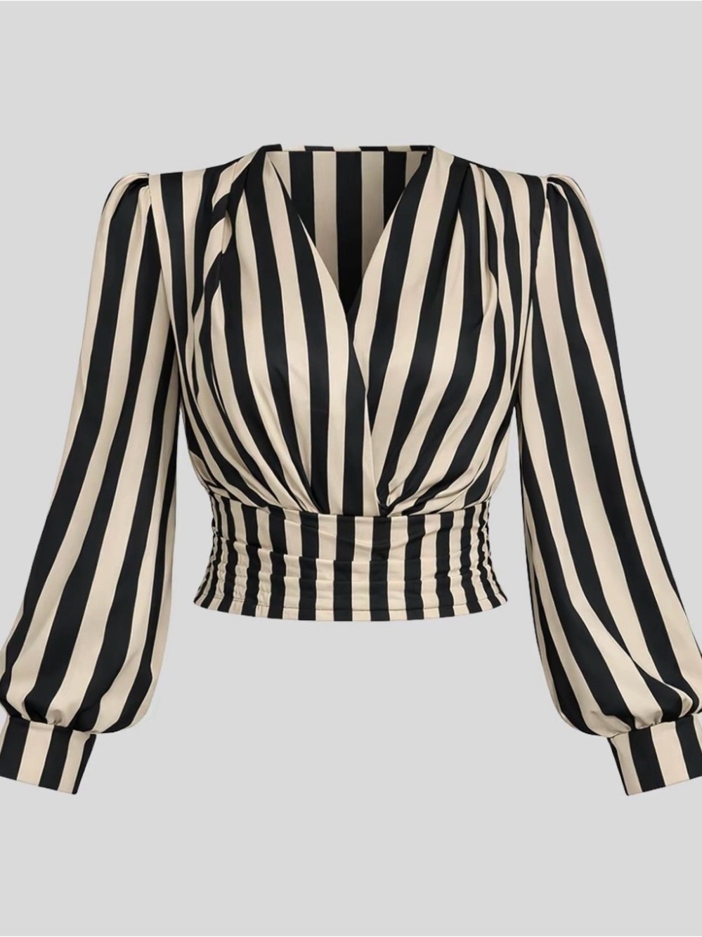 Black & Cream Striped V-Neck Wrap Blouse - Picture 4 of 6